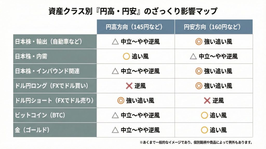 図⑤：資産クラス別「円高・円安」のざっくり影響マップ同じ日本株でも、セクターによって円安の効き方がまったく違う。