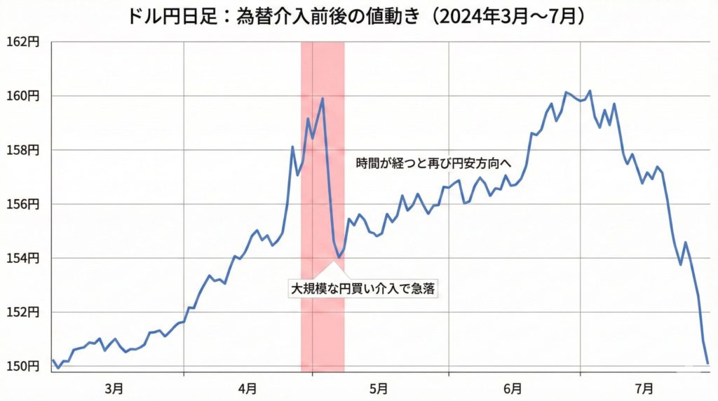 図③：2024年のドル円と為替介入介入そのものは強烈だが、“トレンドを変えた決定打”はあくまでファンダ要因。