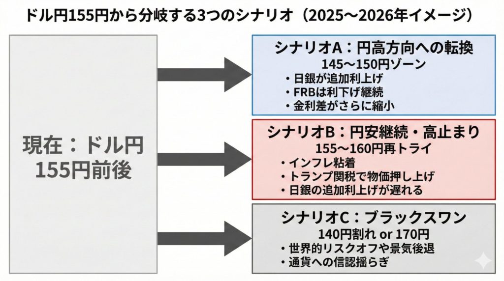 図④：155円から分岐する3つのシナリオどれを「本命」にするかより、外れたときに耐えられるかが大事。